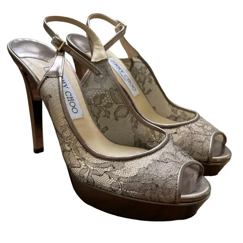 Jimmy Choo Metallic Brown Lace Dahlia Peep Toe Pumps Size 37